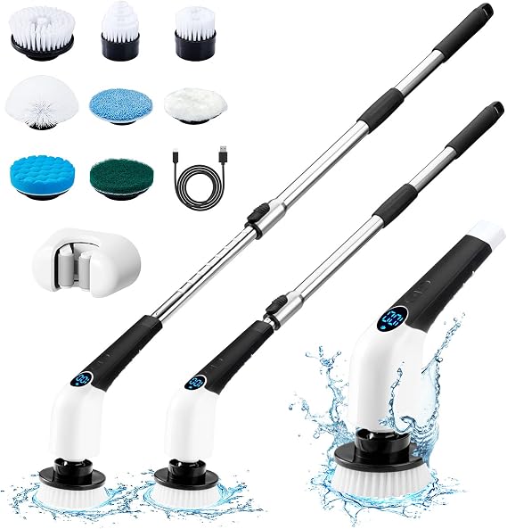 Electric Spin Scrubber, 2024 New Cordless Cleaning Brush with 8 Replaceable Brush Heads, Power Shower Scrubber Long Handle, Extendable Handheld Electric Scrubber for Bathroom Floor Tub Tile