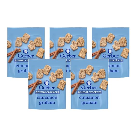 Gerber Animal Crackers for Toddlers, Cinnamon Graham Flavor, Baked with Whole Grains, Non GMO Toddler Snacks, Resealable Pouch, 6 Ounce (Pack of 5)