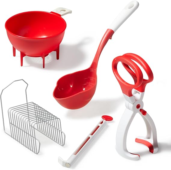 Starfrit 6-Piece Canning Set, Jar Lifter, Funnel & Lid Rack, White & Red