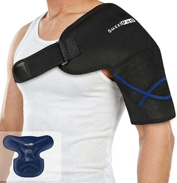 SUZZIPAD Adjustable Shoulder Wrap with Detachable Gel Ice Packs - Reusable Cold Compress to Regulate Soreness & Aid Muscle Recovery Post-Workout,Large