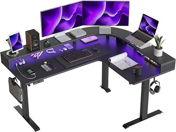 FEZIBO L Shaped Standing Desk with Arc LED & Power Outlet, Exclusive Uprated 3 Motors Support 330LBS, Electric Height Adjustable L Shaped Desk with Large Monitor Stand, for Gaming Office, Black