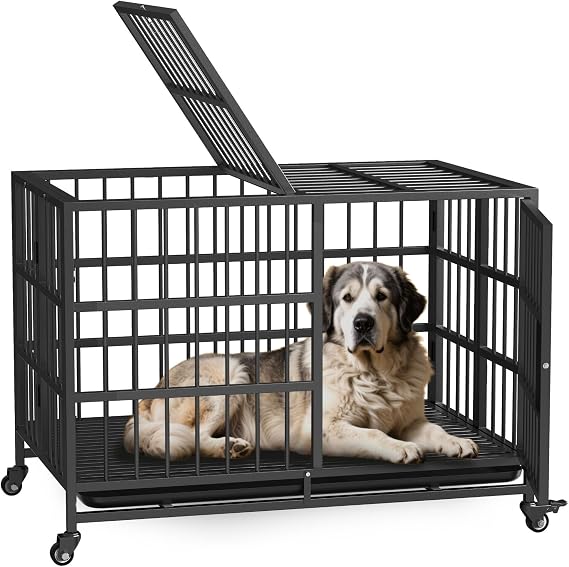 48Inch Heavy Duty Dog Crate, Rust Resistant Folding Metal L Widened Base Dog Kennel, Upgraded Latch, Removable Tray, and Wheels with Brakes, Suitable for Medium to Extra-Large Dog