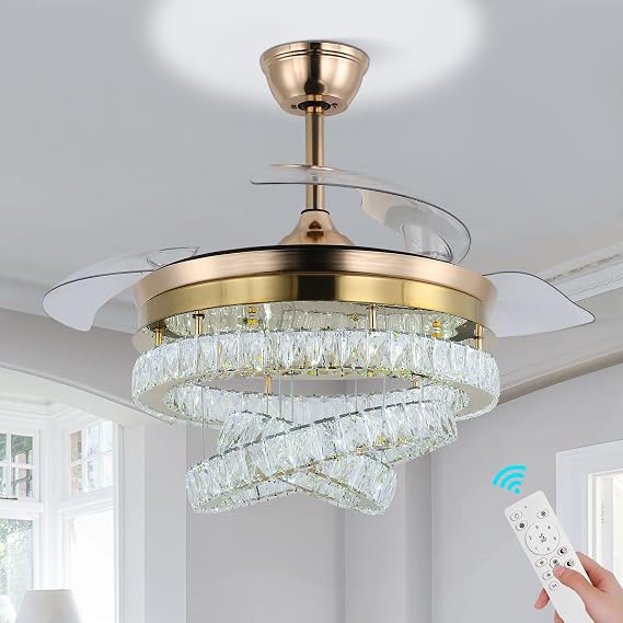 42" Gold Crystal Fandelier with Lights Dimmable LED