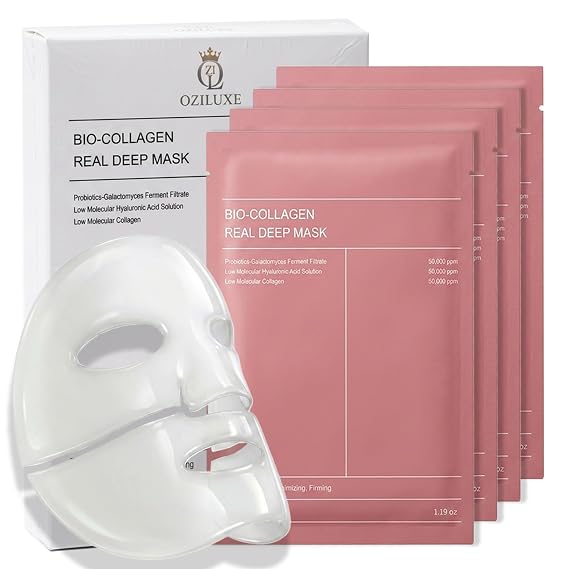 Bio-Collagen Real Deep Hydrogel Face Mask 4-Pack 34g, Korean Overnight Collagen Mask with Hyaluronic Acid, Niacinamide for Glass Skin, Firming, Hydrating, All Skin Types