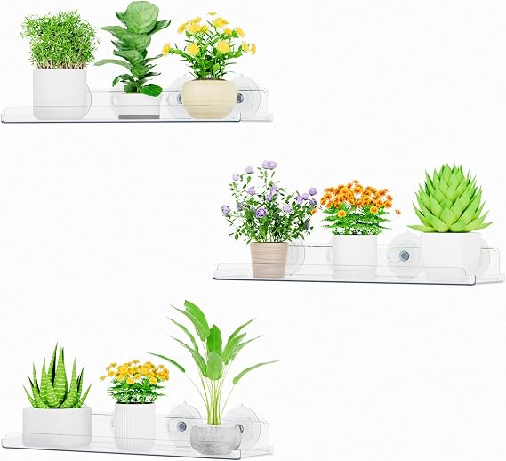 Lifewit Window Plant Shelves 14.6", 3 Pack Acrylic Suction Cup Holder