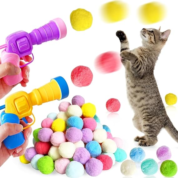 Interactive Cat Toy Launcher Set – Ball Gun for Active Kittens, DIY Training Toys for Indoor Play, Includes 100 Pom-Poms & 3 Bouncy Balls