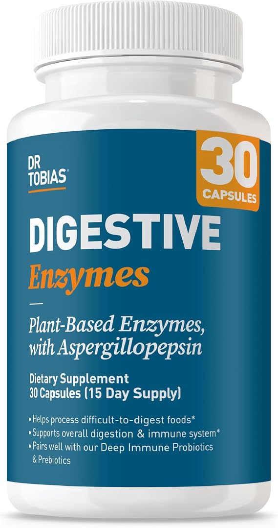 Dr. Tobias Digestive Enzymes 18-Enzyme Blend 30 Caps | Digestive Support | Take at Meal-Time | Enzymes for Digestion | Amylase + Lipase + Lactase | Digest Proteins, Fats, Carbs & Dairy | 15 Servings