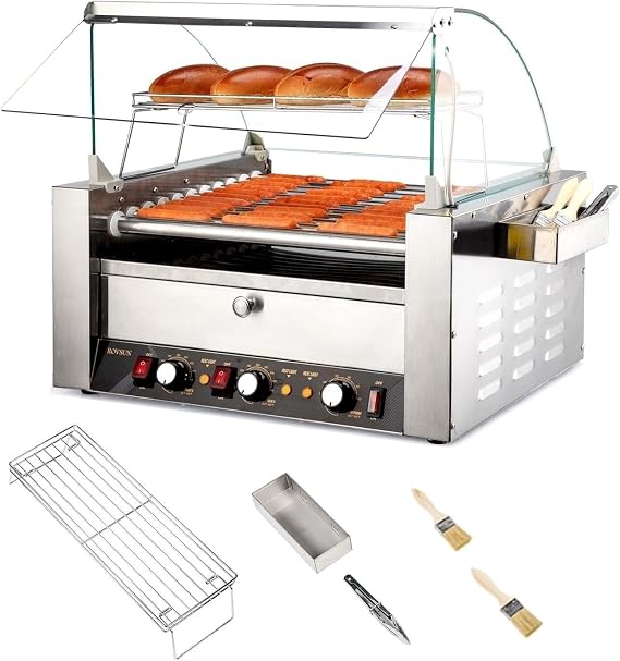 ROVSUN Hot Dog Roller, 30 Hot Dog 11 Rollers ETL Certified, Hot Dog Machine with Bun Warmer, Dual Temp Control, Glass Cover, LED, Side Storage Box, Shelf & Drip Tray for Home Commercial 2000W
