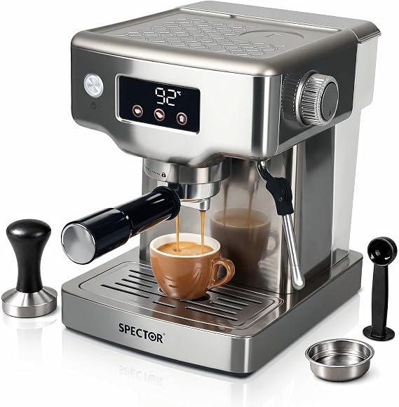 Spector Ultra Espresso Machine with LCD Display, Stainless Steel Barista Coffee Machine with Milk Frother, Customisable Temperature, 20 Bar Pressure for Latte and Cappuccino