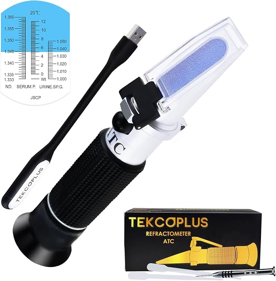 3-in-1 Clinical Refractometer with ATC for Tri-Scale Serum Protein 0-12 g/100ml Urine Specific Gravity SG 1.000-1.050 Refractive Index 1.333-1.360RI w/Extra LED Light & Pipette for Human Use