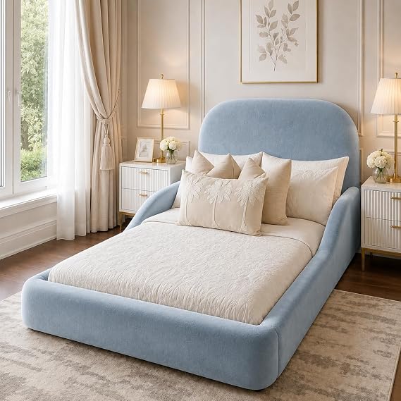 4FT Small Double Bed Frame – Sky Blue Plush Velvet Upholstered Floor Bed with Rounded Padded Headboard, Raised Side Rails and Wooden Slatted Base