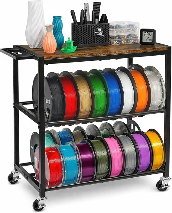 3D Printer Filament Storage Rack, 2-Tier 2-Row Metal Spool Organiser with Reinforced Handle, Lockable Castors & Optional Levelling Feet, for 200g/500g/1kg PLA PETG ABS TPU