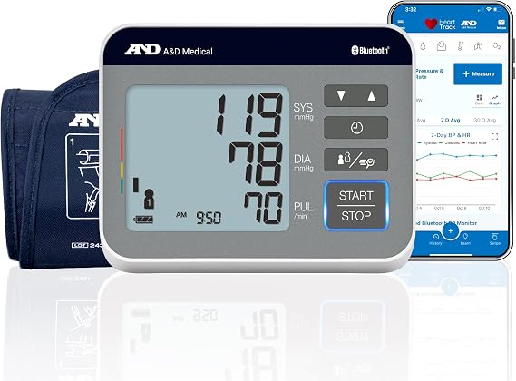 A&D Medical UA-810BLE Bluetooth Blood Pressure Monitor, 2 Users, Wide Cuff