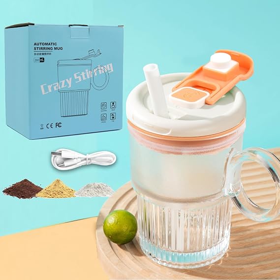 Automatic Stirring Mug Cup, Electric High Speed Mixing Cup,Waterproof Glass Self Stirring Travel Coffee Cup with Straw,Protein Shakes,Mixing Coffee Mug Stirring (Orange)