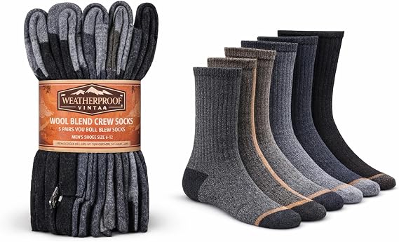 Weatherproof Vintage Men's Wool Blend Crew Socks, Outdoor, 5-Pair (US, Numeric, 6, 12, Regular, Regular, Multi-Color)