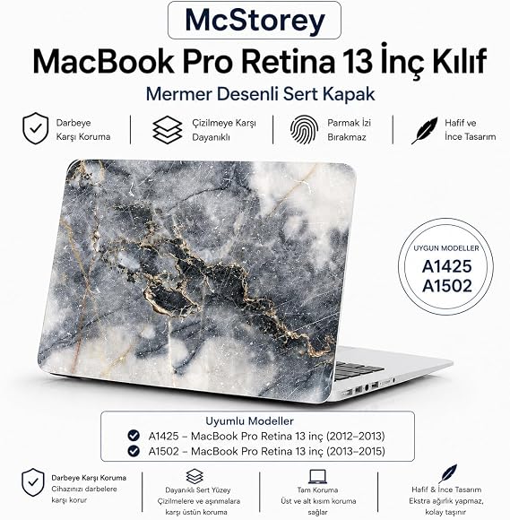McStorey MacBook Pro 13 İnç Kılıf A1425 A1502 Uyumlu Sert Kapak Hard Case Koruyucu Retina 13 Laptop Kılıfı Mermer Desenli Çizilmeye Dayanıklı İnce Hafif Koruma R-16