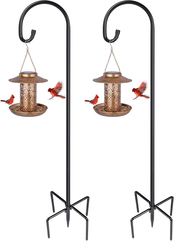 Ottsuls 2 Pack 76 inch Adjustable Shepherd Hooks and 2 Pack Solar Bird Feeder for Outdoors Hanging Decor (Brown)