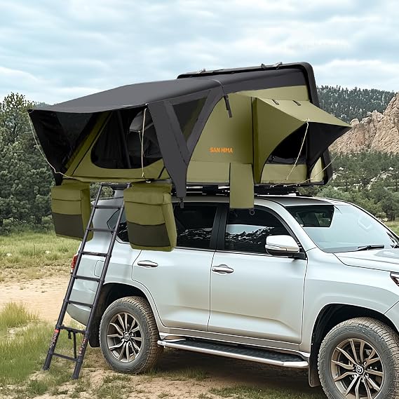 Sanhima Rooftop Tent Hard Shell - Jervis Overland Aluminium ABS Roof Top Tent w/Stargaze Window & LED Strip Light for Car SUV Truck Camping, 2-3 People