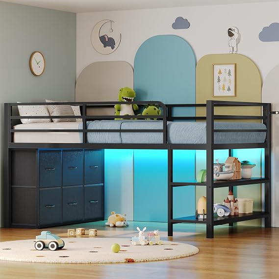 ADORNEVE Low Loft Bed Twin Size with 6 Storage Drawers for Kids, Black