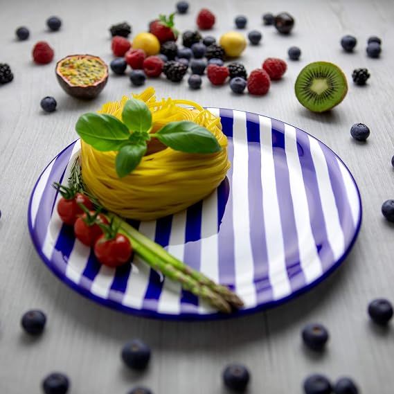 City to Cottage Handmade Dark Navy Blue Stripe Glazed 10inch/25.5cm Flat Dinner Plate | Ceramic Unique Dinnerware, Housewarming Gift
