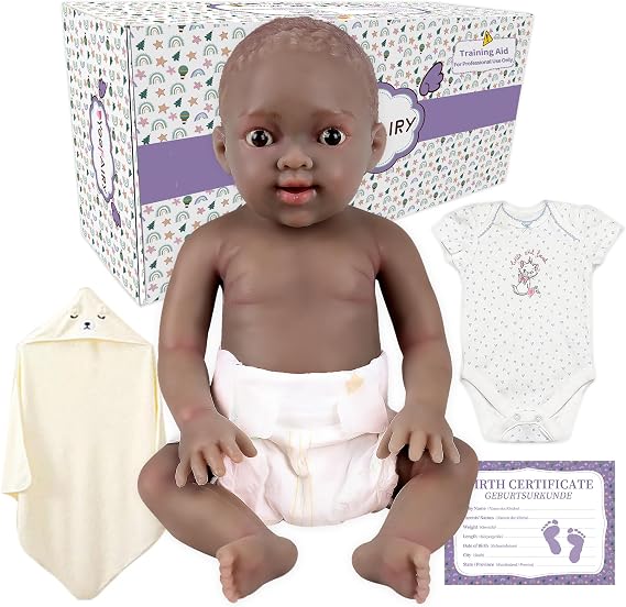 Doll Realistic Silicone Material Newborn Infant 43cm Lifelike Mixed Ethnicities African American Baby Girl Eyes Open 2.9kg Emotional Healing Therapeutic Companionship Experience, Dark Skin