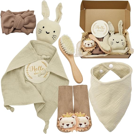 Baby Comforter Blanket Baby Gift Girl Boy Personalised Gift Newborn with Comforter Bib Turban Milestone Cards Brushes and Socks Khaki