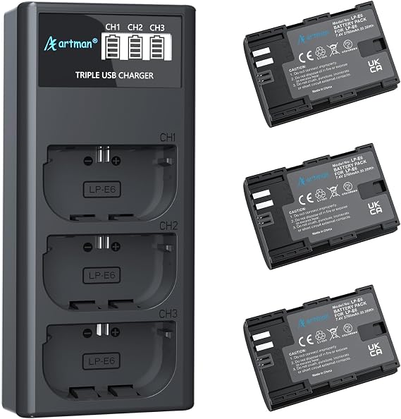 Artman LP-E6N LP-E6 Battery 3-Pack 2750mAh and 3-Slot LCD Charger for EOS R R5 R6 R7, R5 C, R6 Mark II,EOS 5D Mark II III IV,5D SR,6D Mark II 7D Mark II,6D 7D 90D 80D 70D 60D 60DA,XC10 XC15 Camera