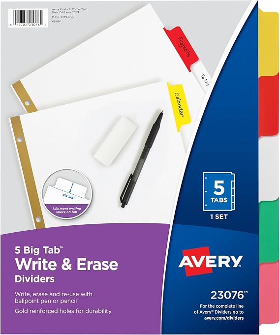 Avery Big Tab Write & Erase Dividers, 5-Tab, Multicolor, 1 Set