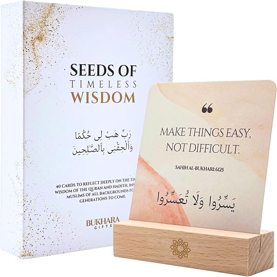 Islamic Wisdom Cards Beautiful Gift Set with 40 Quran & Hadith Based Quotes for Spiritual Reflection, Ramadan & Eid | Premium Box + Wooden Stand