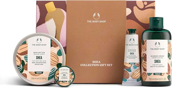 The Body Shop Shea Collection Gift Set (Shower Cream 250ml + Body Butter 200ml + Lip Butter 10ml + Hand Balm 30ml), Nourishing Shea Butter Collection for Soft, Smooth Skin, Vegan