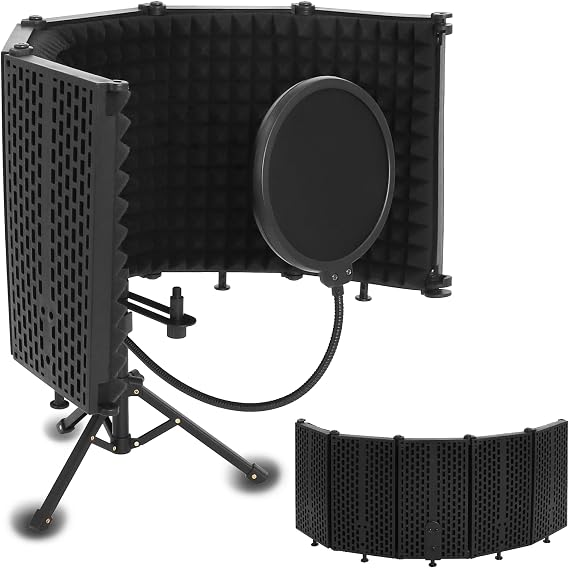 Microphone Isolation Shield - Studio Isolation Shield Triple Sound Insulation Technology, 5-fold Mic Isolation Shield with POP Filter and Tripod