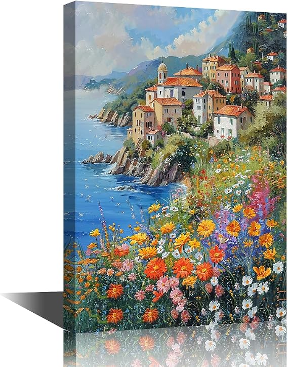 TISHIRON Coastal Village Pictures Coast Flower Wall Art Wall Decor Impressionist Seascape Posters 1 Panel Coastal Summer Seascape Canvas Artwork Wooden Frame Ready to Hang 12" Wx18 H