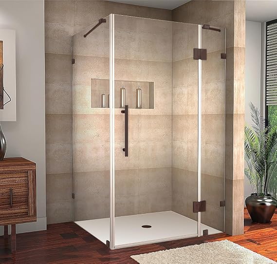 Avalux 50 in. W x 30 in. D x 72 in. H Rectangular Pivot Frameless Corner Shower Enclosure in Bronze with Clear Glass