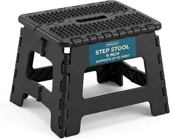 Folding Step Stool 9 Inch Heavy Duty 250 lbs Capacity Black, Portable Collapsible Stool with Carry Handle, Anti-Slip Surface for Adults & Kids, Kitchen Bathroom Camping