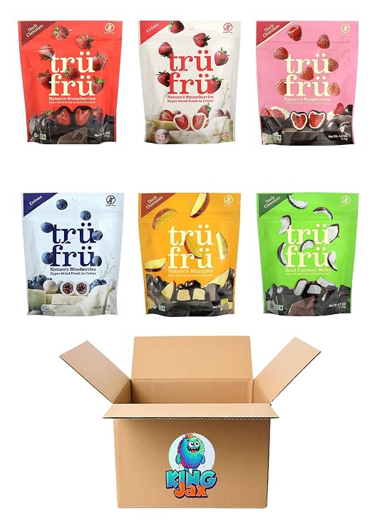 Tru Fru Freeze Dried Chocolate Covered Fruit - 6 flavor Variety Pack (4.2 oz bags) Trufru Chocolate Covered Strawberries, Raspberries & Coconut - Peaches, Blueberries & Tru Fru Strawberries in Creme