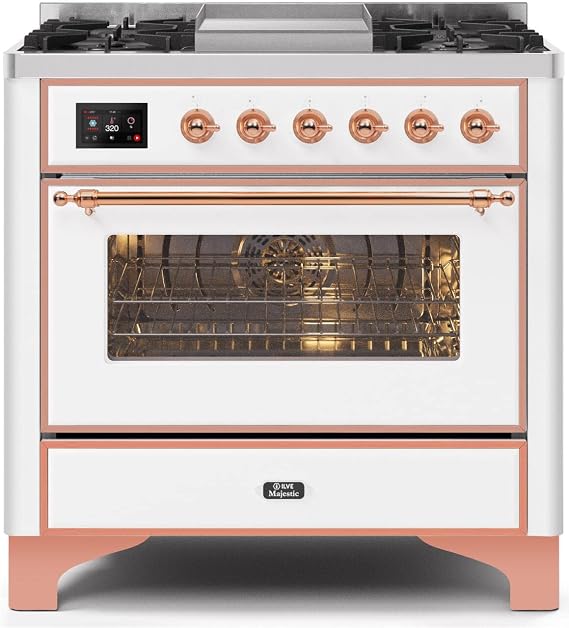 ILVE UM09FDNS3WHP Majestic II Series 36 Inch Freestanding Dual Fuel Range with Natural Gas, 6 Sealed Brass Burners, 3.5 cu. ft. Total Oven Capacity Conversion Kit Included in White with Copper Trim