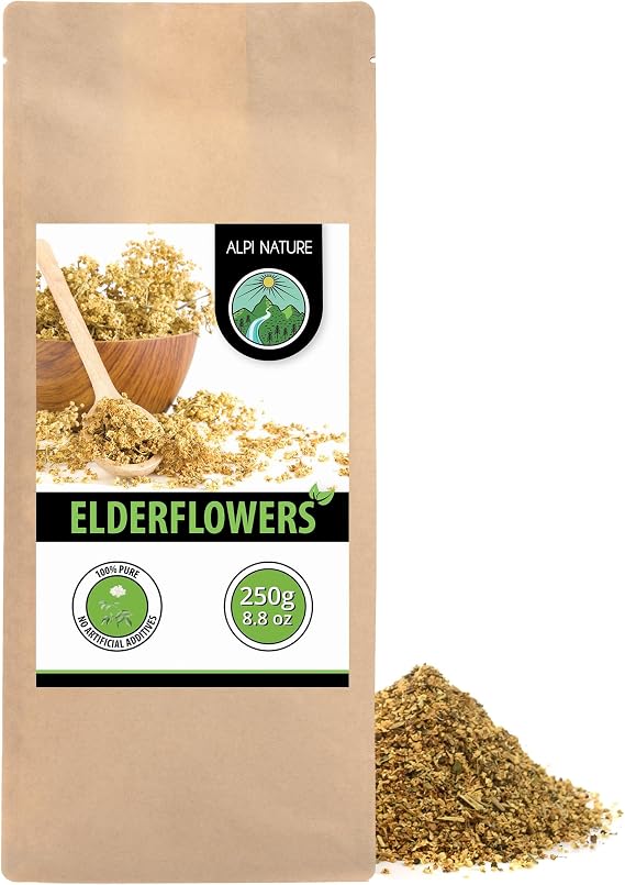 Alpi Nature Elderflower Tea 250g 8.8 oz, Dried and Rubbed Elderflowers, Loose Herbal Tea