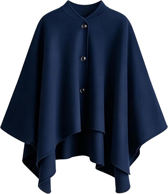 Yidarer Womens Wool Blend Stand Collar Button Front Oversized Cape Coat