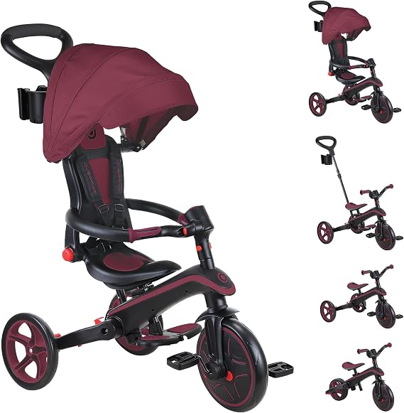 Globber Foldable Explorer Trike and Balance Bike 4 in 1 with Adjustable Canopy - Parental Steering Handle - Cup and Phone Holder - Safety Harness - (Burgundy)