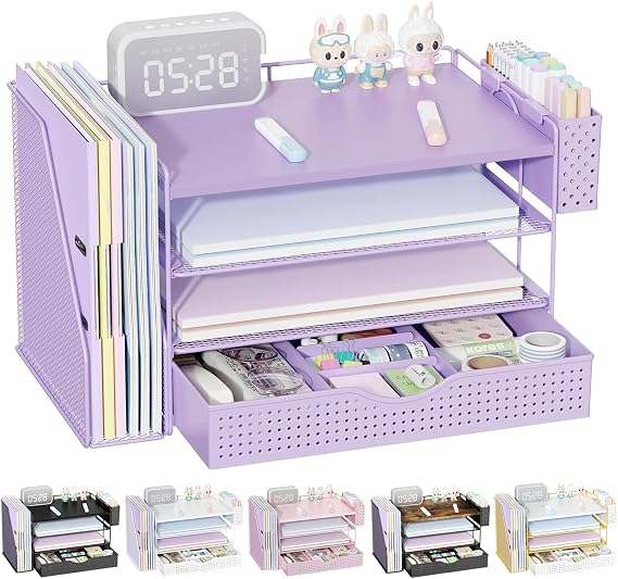 Wooden Desk Organizer and File Holder Accessories, 4 Tier Desk Accessories & Workspace Organizer with Drawers and Pen Holder, Paper Organizer for Office Supplies Purple