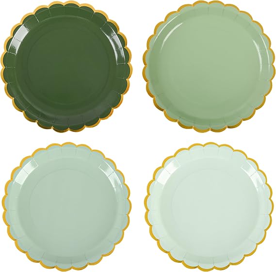 AimFun 24Pcs Sage Green and Gold Scalloped Paper Plates 9Inch