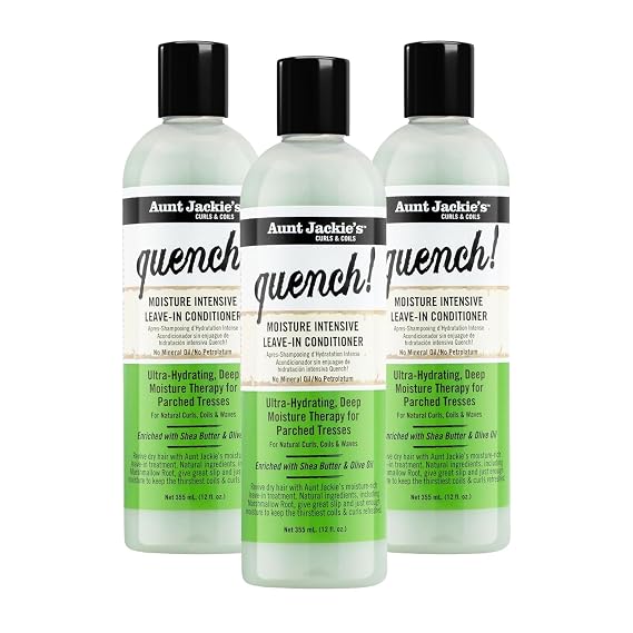 Aunt Jackie's Curls and Coils Quench Moisture Intensive Leave-In Hair Conditioner for Natural Curls, Coils and Waves, Enriched with Shea Butter, 12 oz, (Pack of 3)