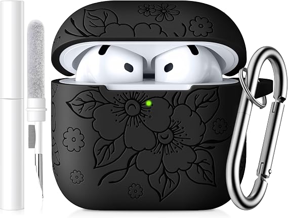 Floral Engraved Case for AirPods 4th Generation Case Cover 2024, Soft Silicone Full Protective Case for AirPods 4 for Women Men, for AirPod 4  with Cleaner Kit, Keychain, Black