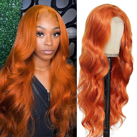 CLIONE Ginger Orange Wig 28 Inch Long Wavy Orange Wigs for Women Middle Part Long Curly Synthetic Hair Replacement Wigs for Daily Party Use