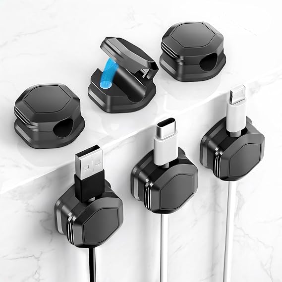 Magnetic Cable Clips, Self-Adhesive Cord Holder, Cord Organizer, Smooth Adjustable Wire Keeper for Desk, Nightstand, Phone Charger, Computer, Home, Office, Car (Black, 6 Pack)