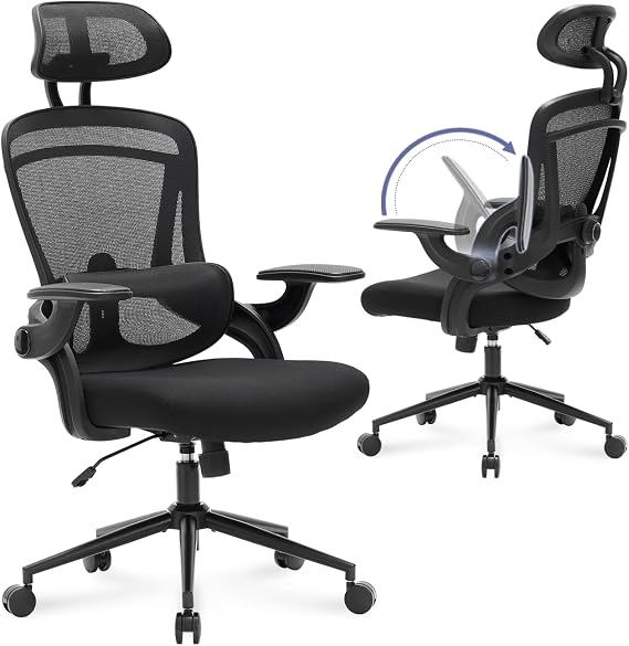Nouhaus Ergonomic Mesh Office Chair with Adjustable Lumbar Support and Flip-up Armrest High Back Headrest Tilt Comfortable Computer Gaming Chair Swivel Desk Chair Ergo Fit, Dark Black