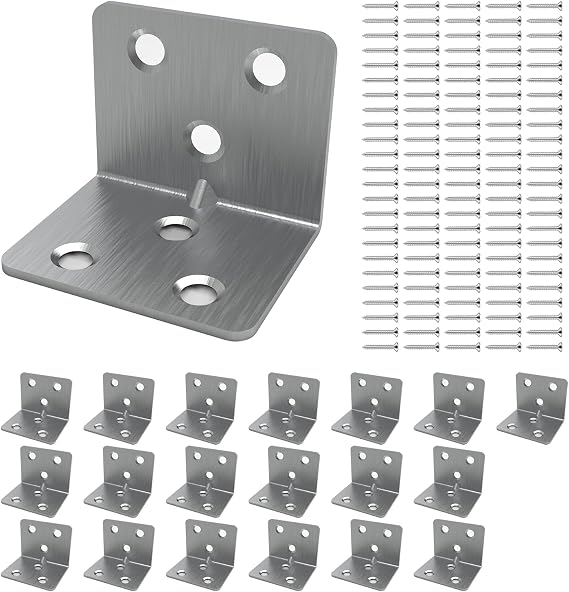 20 Pcs L Right Angle Brackets 31 x 31 x 38 x 1.5mm Corner Bracket Stainless Steel Metal Sleeper Brackets with Screws for Fixing and Repairing Wood Furniture