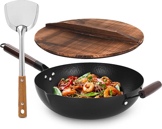 Cookeriess Hand Hammered Carbon Steel Wok, Wooden Lid & Asian Spatula with Wooden Handle - Stir Fry Pan for Chinese, Japanese, and Cantonese Cuisine Flat Bottom Wok for Asian Cooking by Cookeries