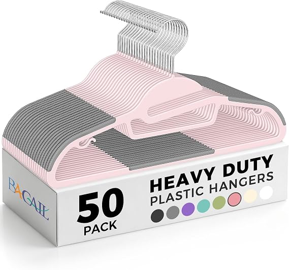 BAGAIL Plastic Hangers 50 Pack with Non-Slip Design,0.2 Inches Thick, 360Swivel Hook Space Saving Organizer for Bedroom Closet,Shirts,Pants(Pink- S Shaped)