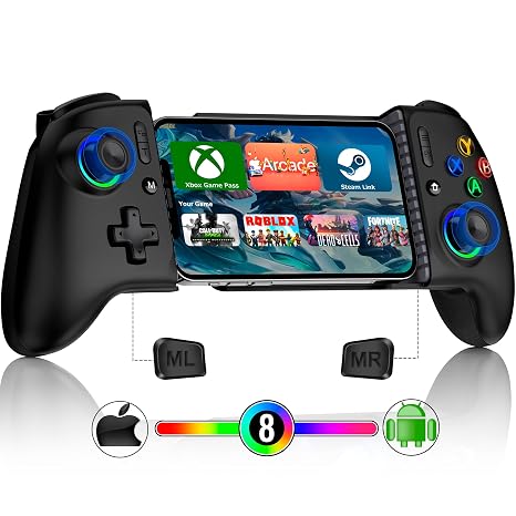 Elegamefy Handy Controller für Android/iPhone/Switch/Oled/Switch 2 Smartphone Controller mit Programmierbarem Aufgerüstet Joystick ohne Totzonen Led Licht